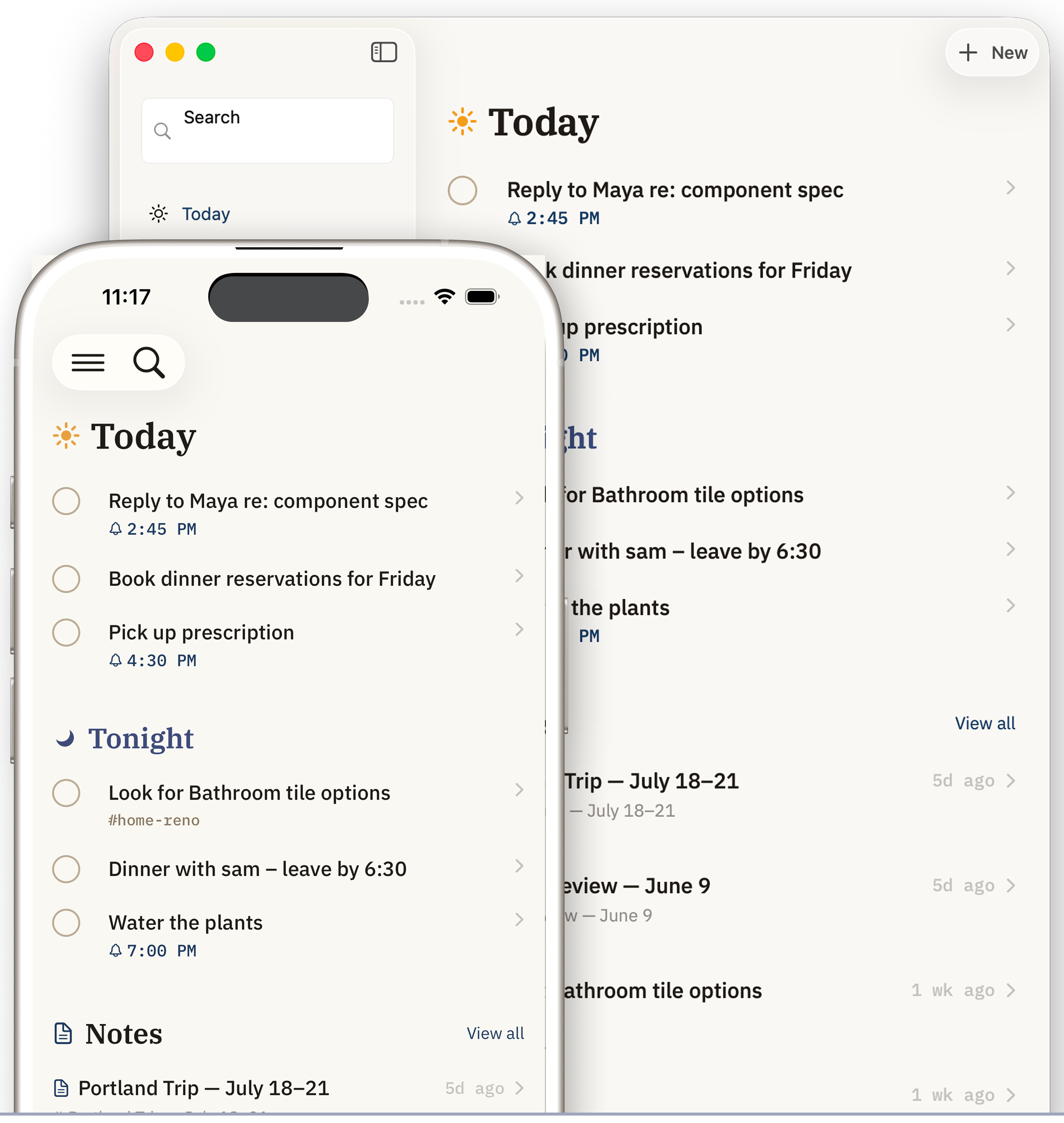 Ligature on Mac and iPhone showing a unified Today feed of reminders and notes