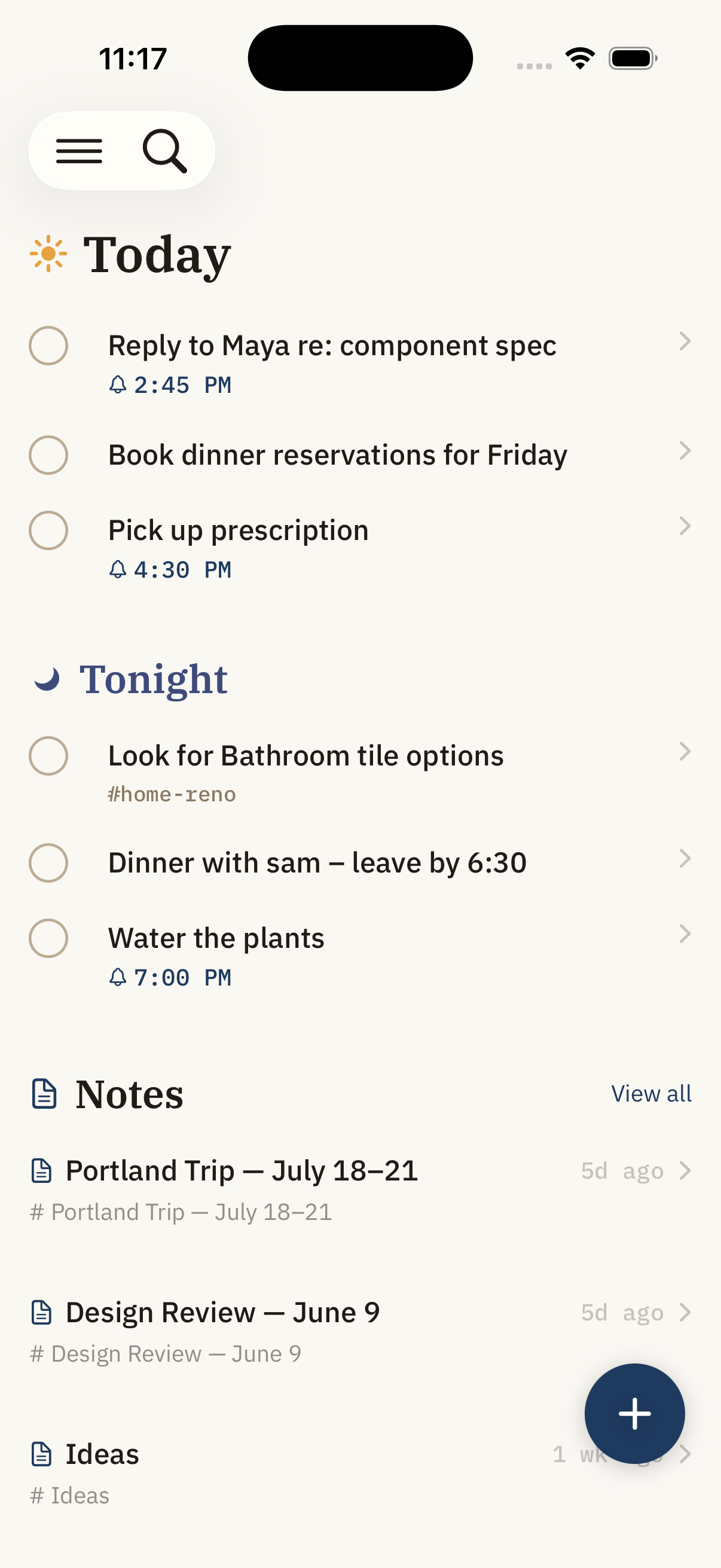 Ligature's unified Today feed on iPhone, showing reminders grouped into Today and This Evening with recent notes below